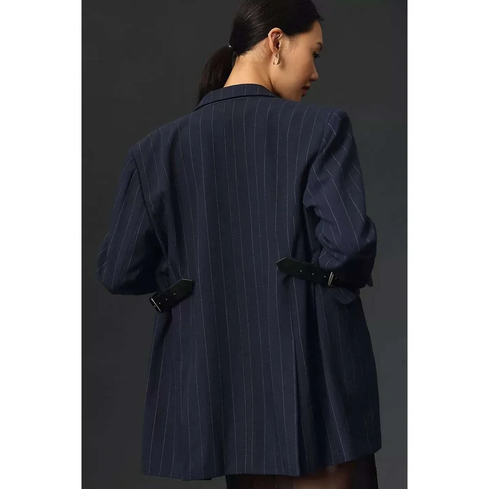 Maeve by Anthropologie Avery Belted Blazer Navy Pinstripe Women's Large NEW